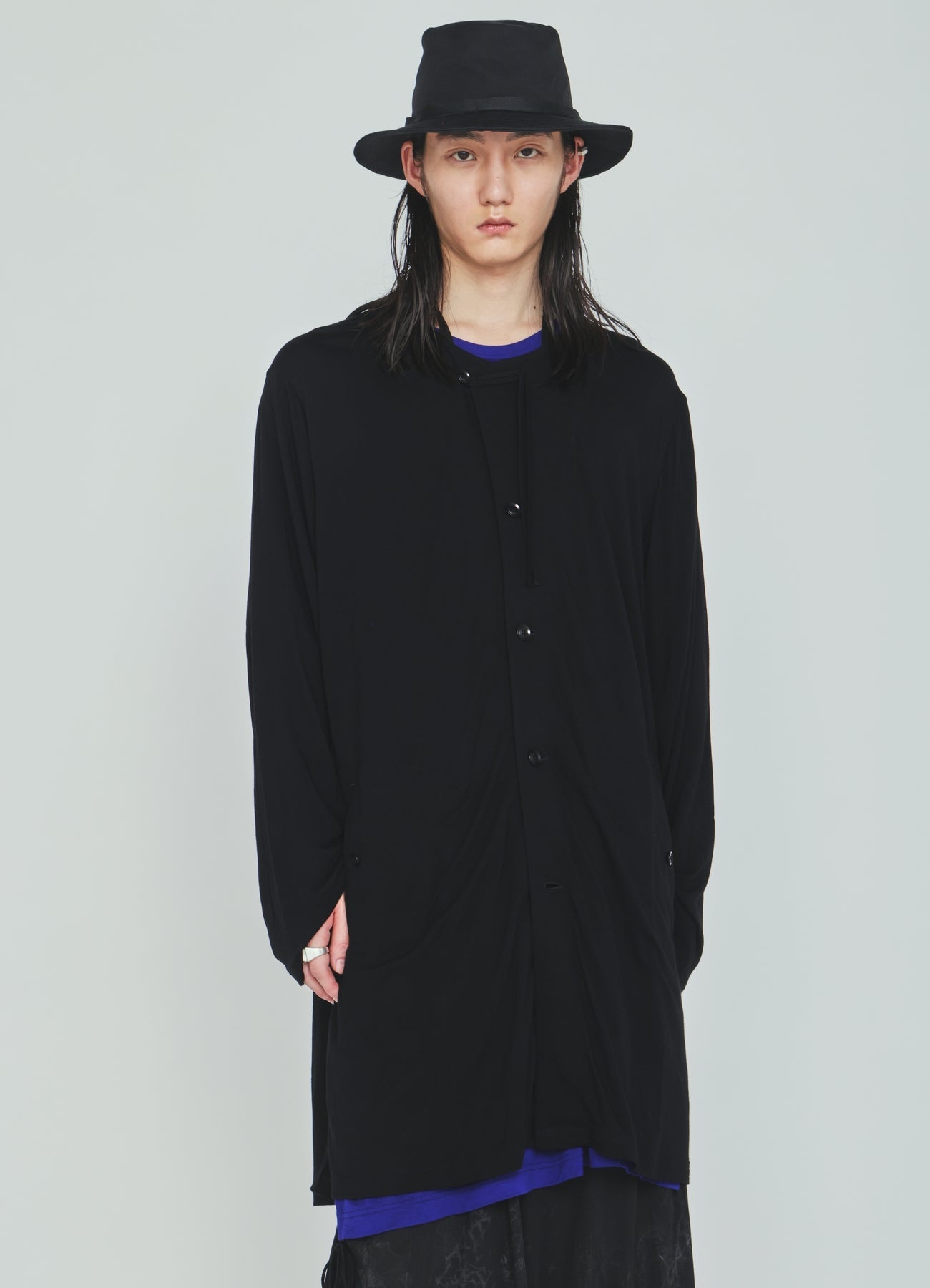 RAYON JERSEY COLLARLESS LONG JACKET