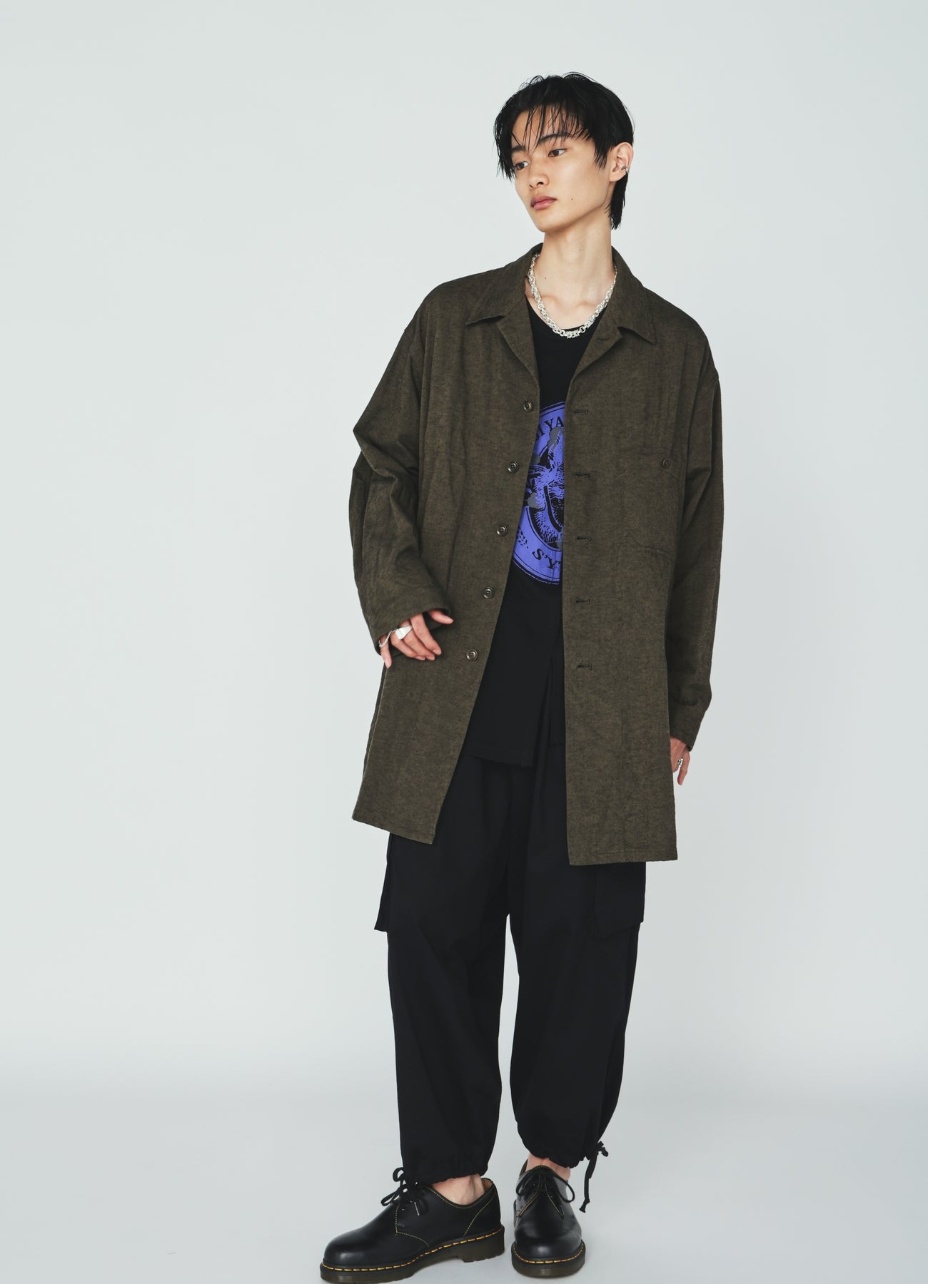 COTTON/LINEN CANVAS SOFRON OVERSIZED LONG SHIRT BLOUSON WITH WORK DETAIL