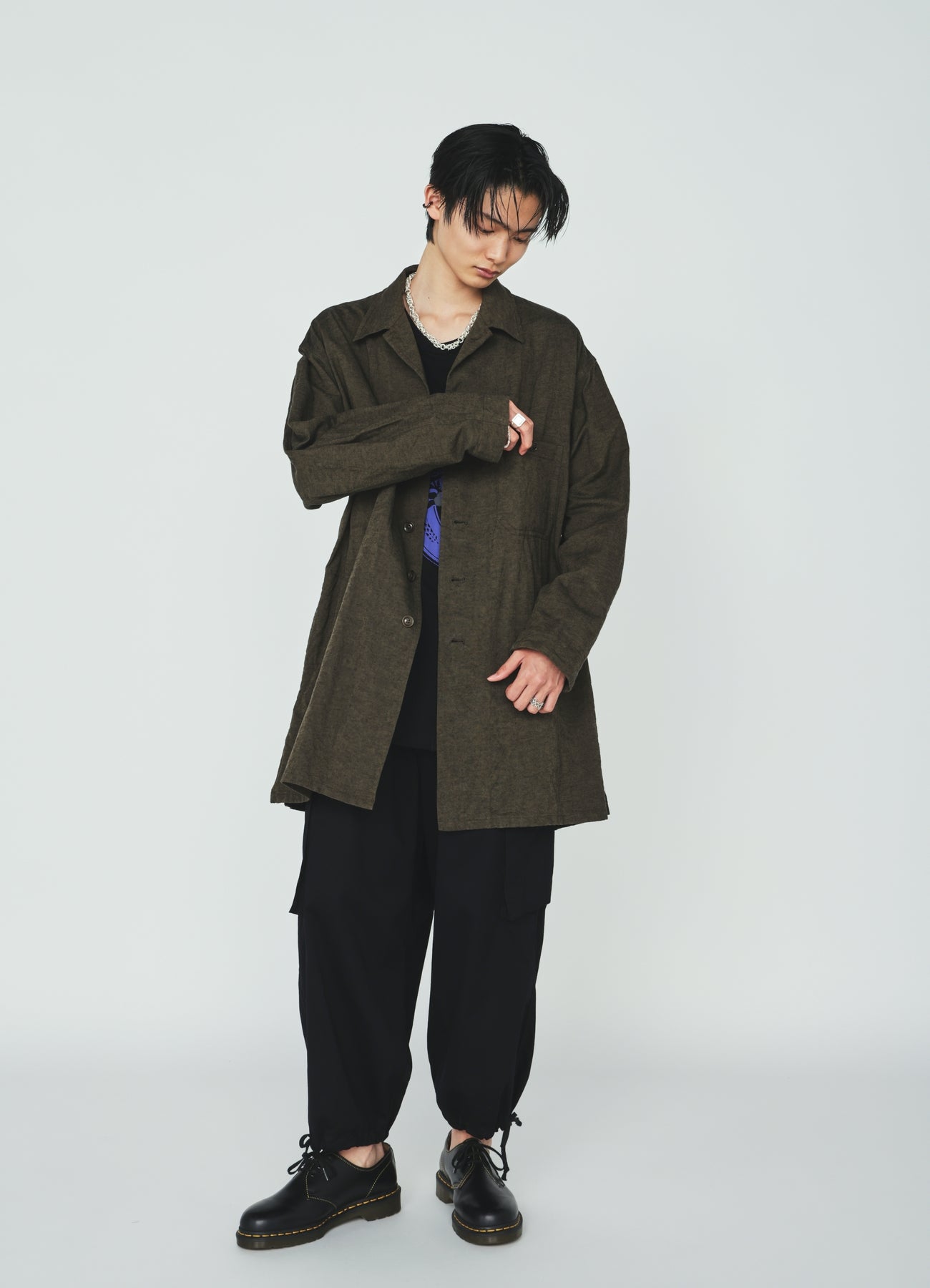 COTTON/LINEN CANVAS SOFRON OVERSIZED LONG SHIRT BLOUSON WITH WORK DETAIL