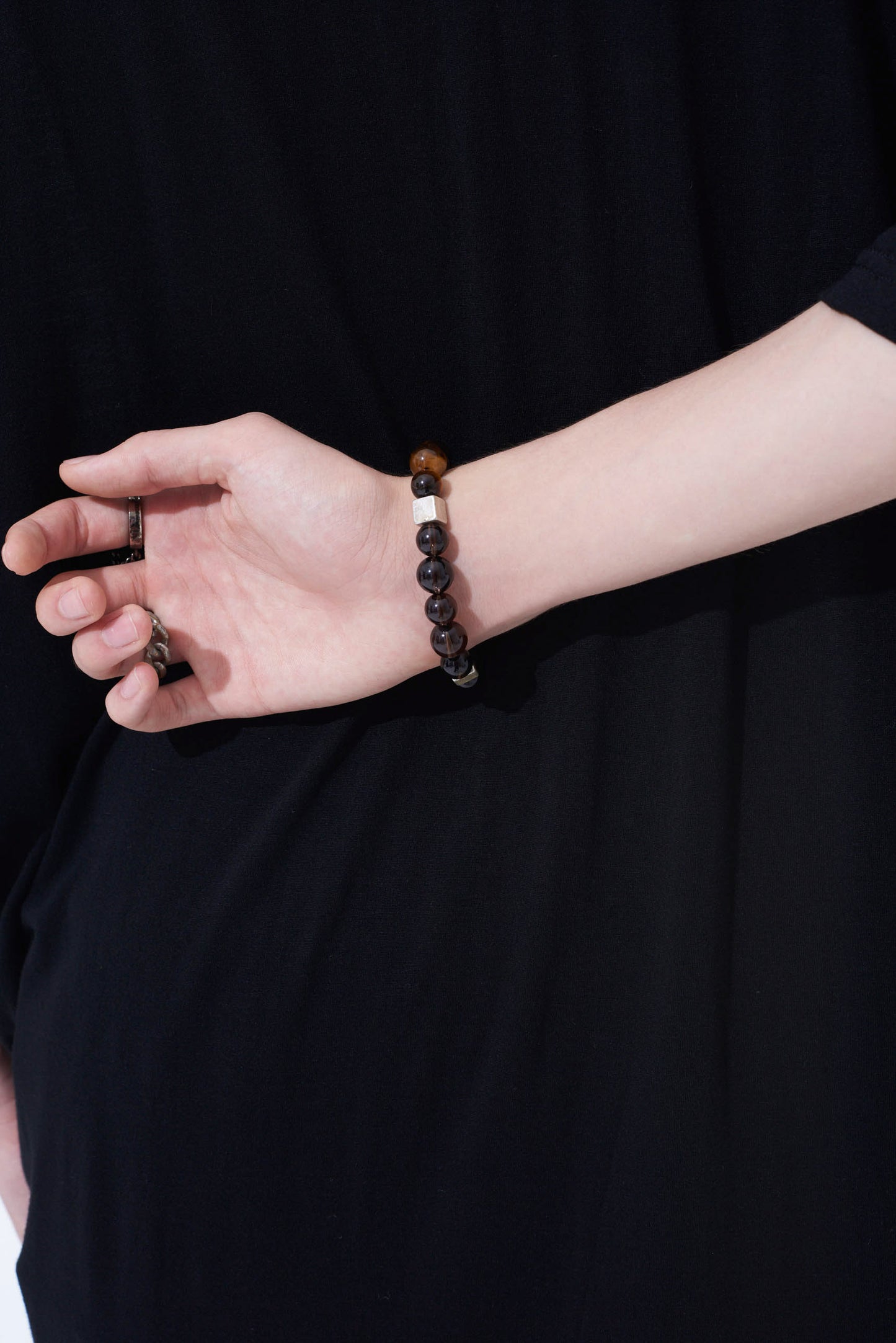 TIGER'S EYE+SMOKY QUARTZ BRASS BRACELET