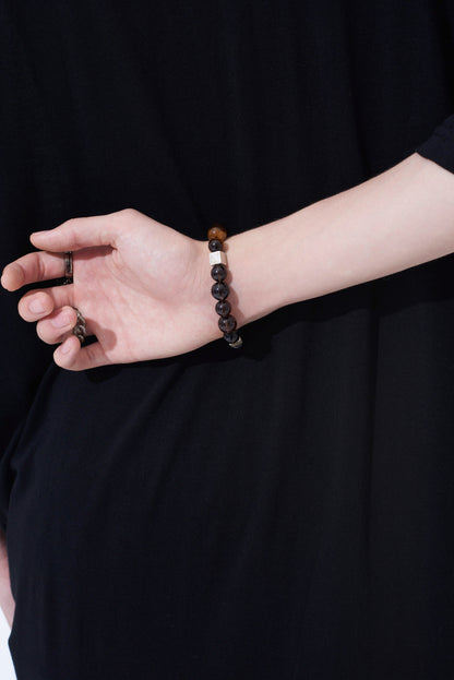 TIGER'S EYE+SMOKY QUARTZ BRASS BRACELET
