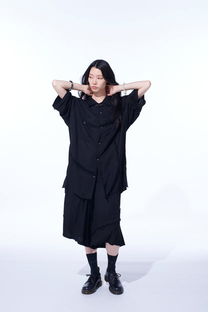 VISCOSE TWILL CUT-OFF OPEN-COLLAR SHIRT