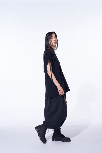 PE/SMOOTH JERSEY WAIST-STRING GATHERED SKIRT WITH TYROLEAN TAPES