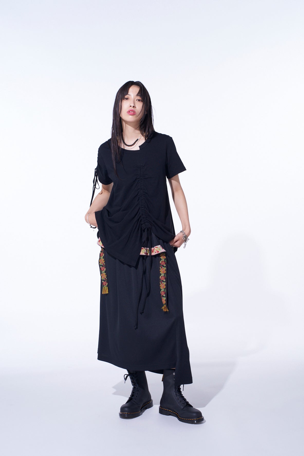 PE/SMOOTH JERSEY WAIST-STRING GATHERED SKIRT WITH TYROLEAN TAPES