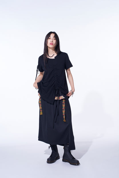 PE/SMOOTH JERSEY WAIST-STRING GATHERED SKIRT WITH TYROLEAN TAPES