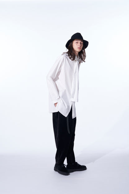 COTTON/LINEN WASHER TYPEWRITER  ASYMMETRICAL STOLE COLLAR SHIRT