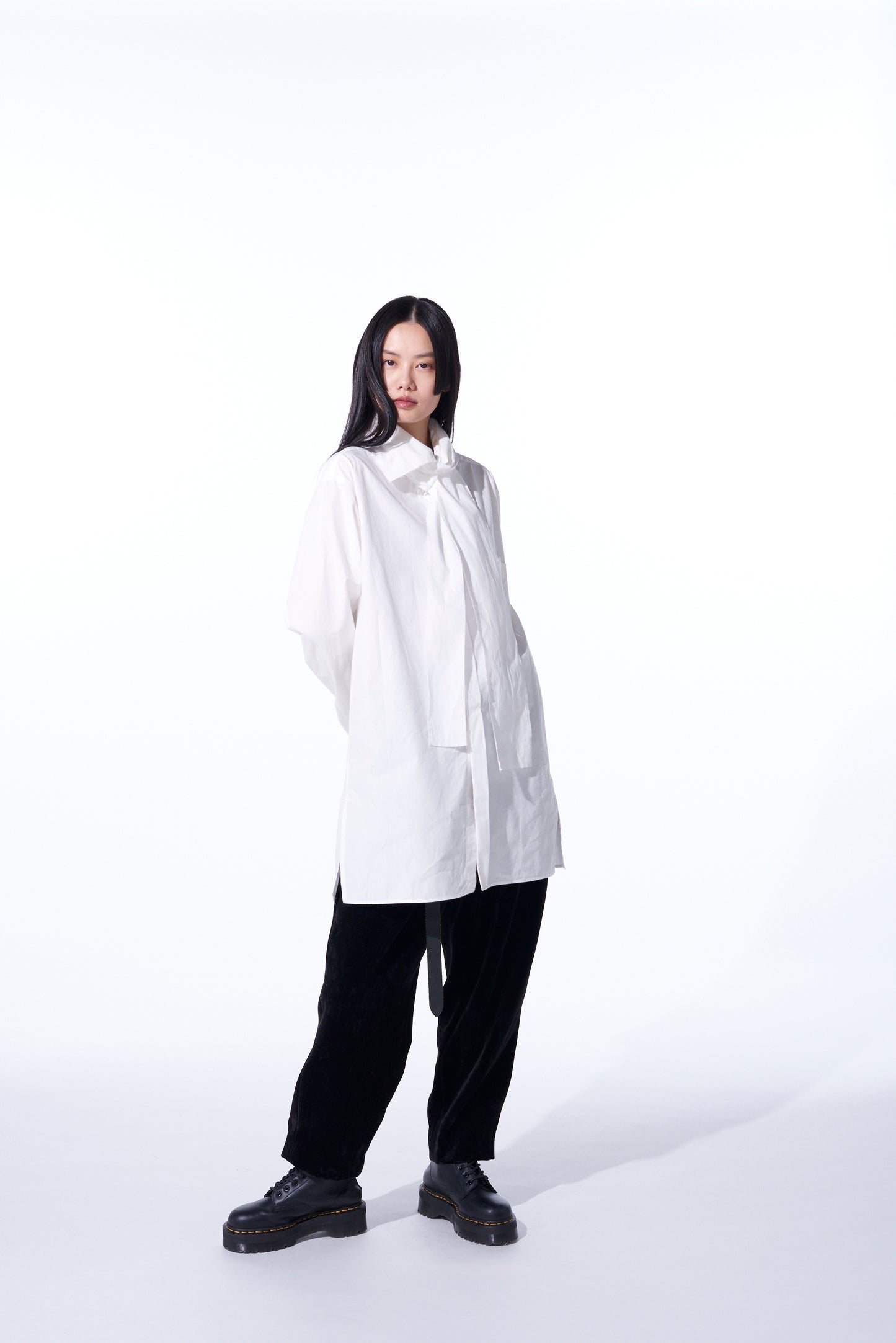 COTTON/LINEN WASHER TYPEWRITER  ASYMMETRICAL STOLE COLLAR SHIRT