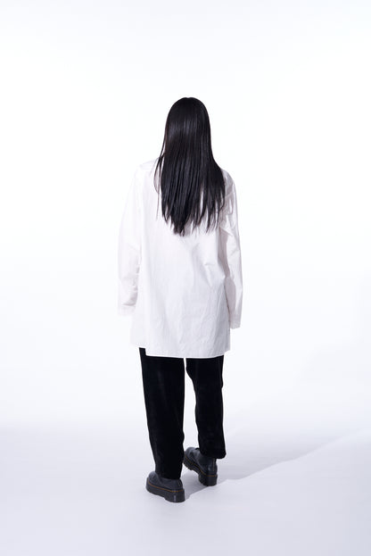 COTTON/LINEN WASHER TYPEWRITER  ASYMMETRICAL STOLE COLLAR SHIRT