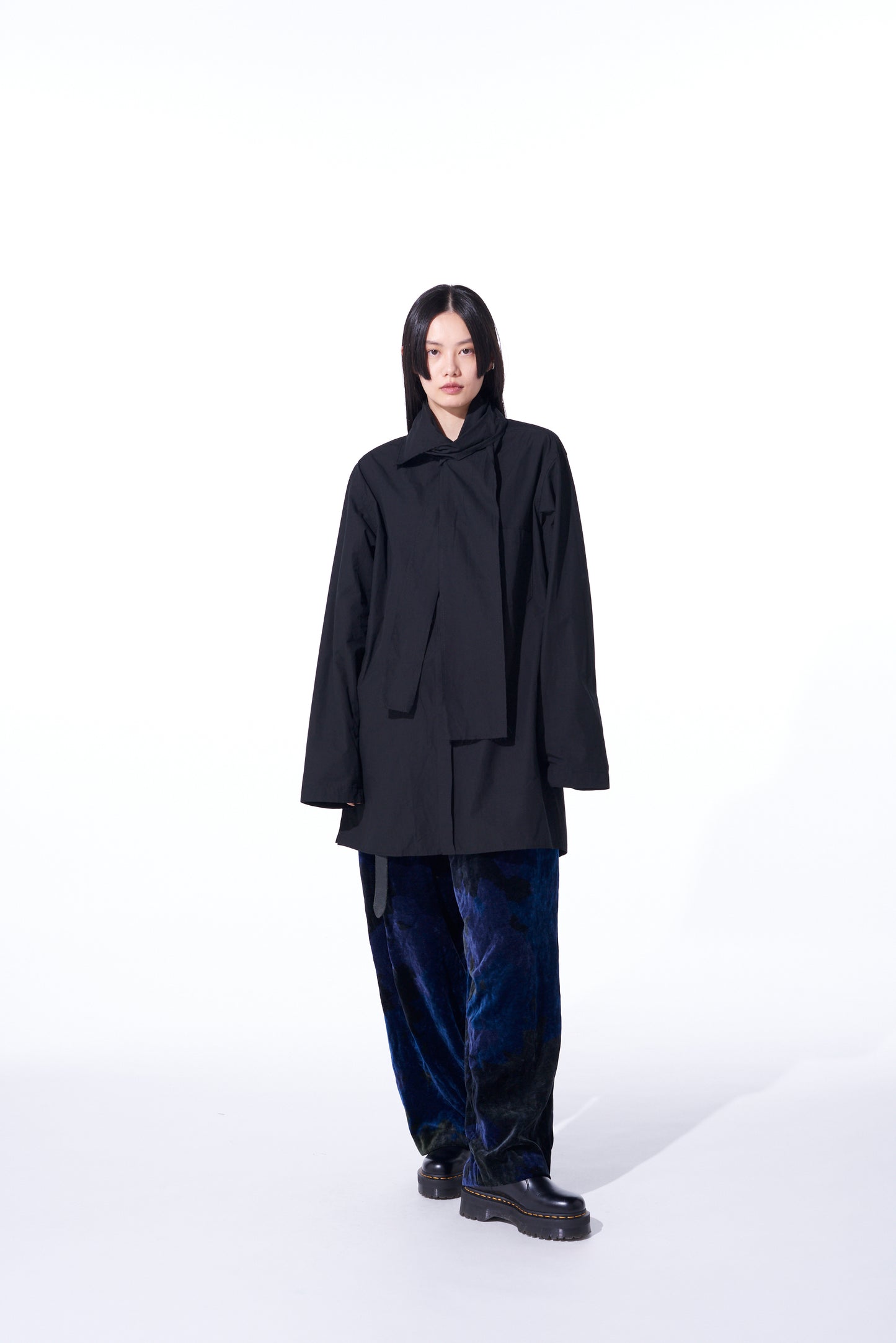 COTTON/LINEN WASHER TYPEWRITER  ASYMMETRICAL STOLE COLLAR SHIRT