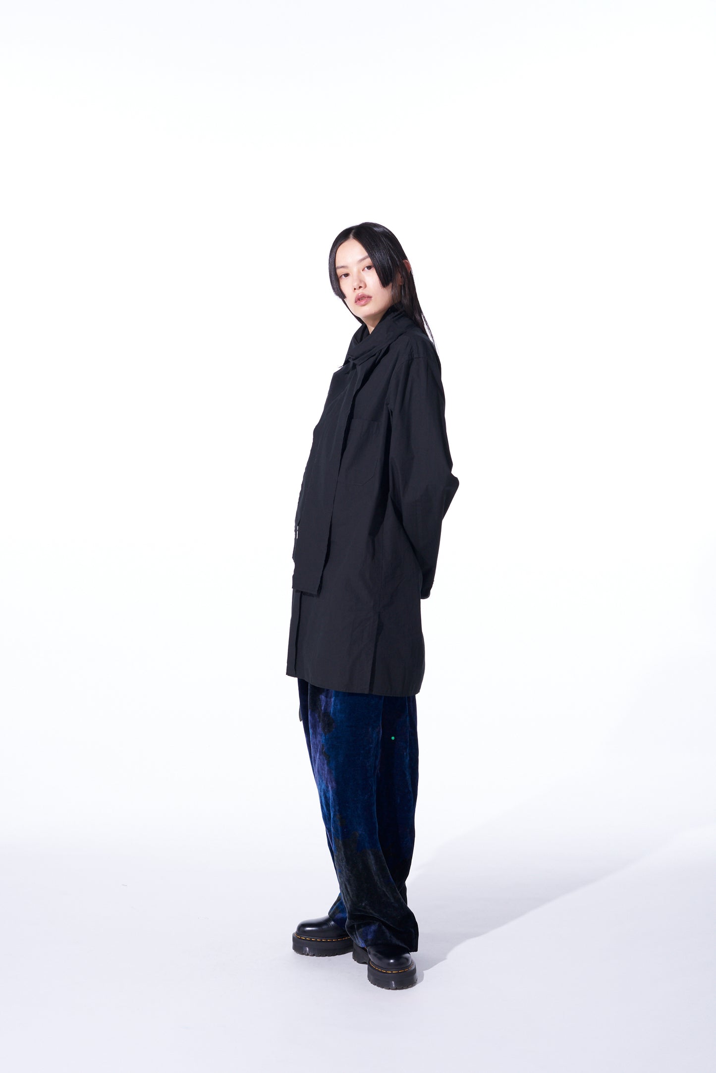 COTTON/LINEN WASHER TYPEWRITER  ASYMMETRICAL STOLE COLLAR SHIRT