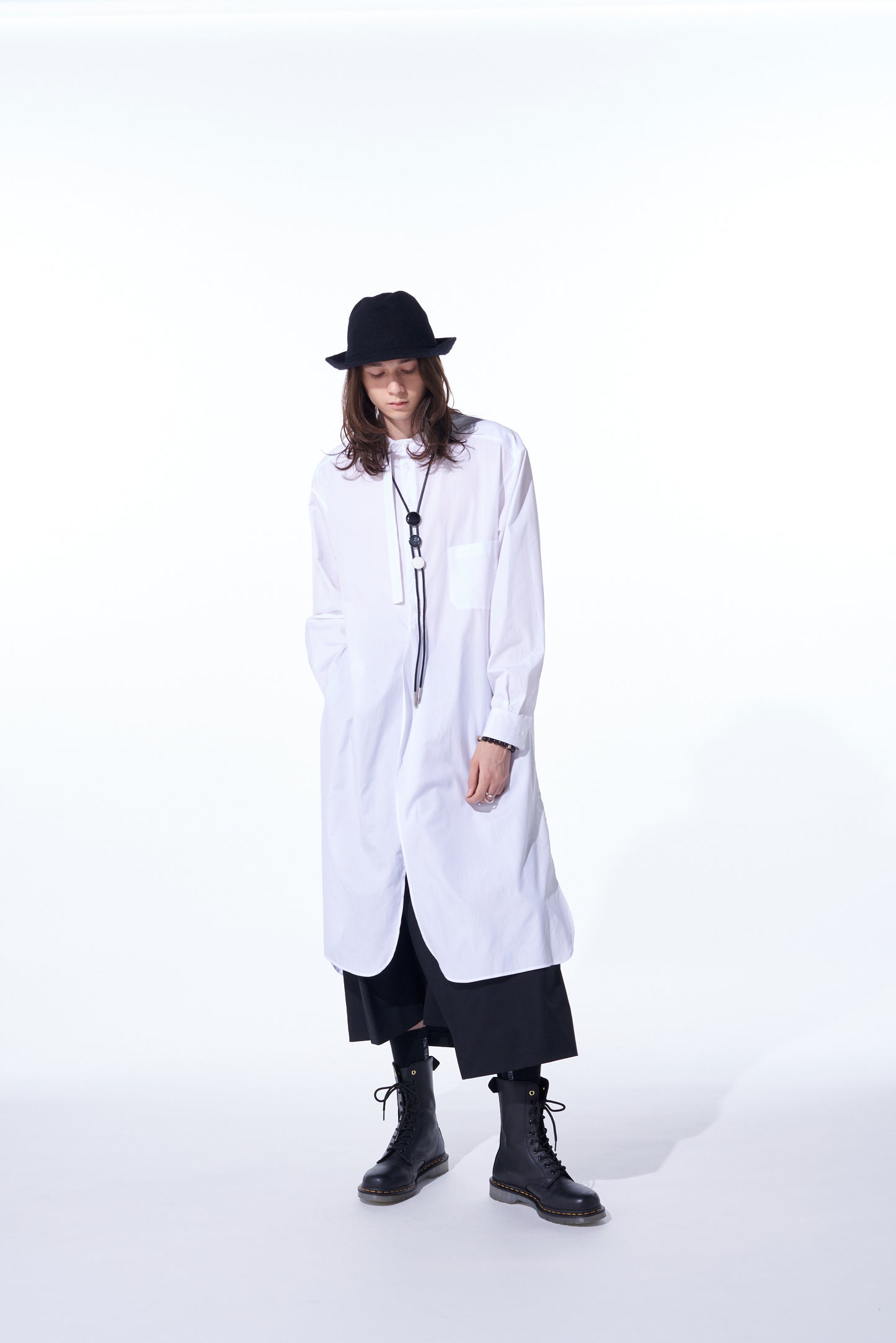 COTTON BROAD CLOTH STAND COLLAR LONG SHIRT WITH ROUNDED HEM