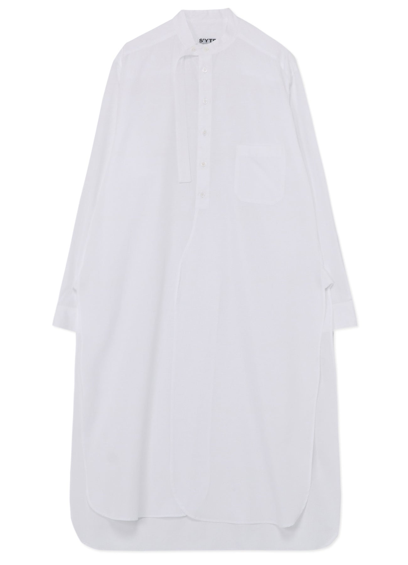 COTTON BROAD CLOTH STAND COLLAR LONG SHIRT WITH ROUNDED HEM