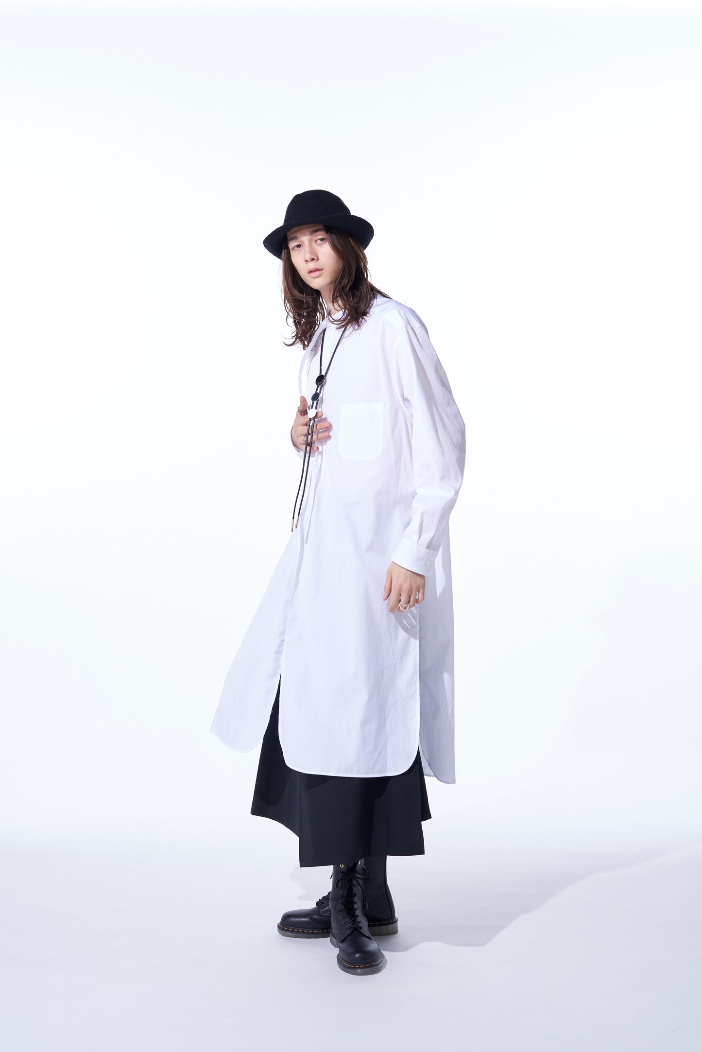 COTTON BROAD CLOTH STAND COLLAR LONG SHIRT WITH ROUNDED HEM