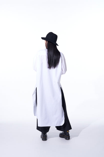 COTTON BROAD CLOTH STAND COLLAR LONG SHIRT WITH ROUNDED HEM