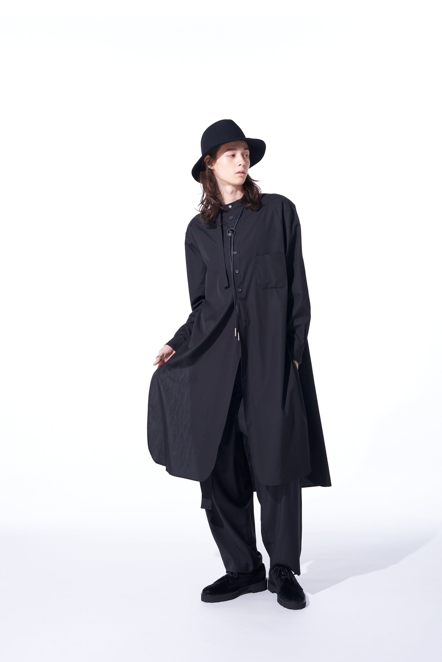 COTTON BROAD CLOTH STAND COLLAR LONG SHIRT WITH ROUNDED HEM