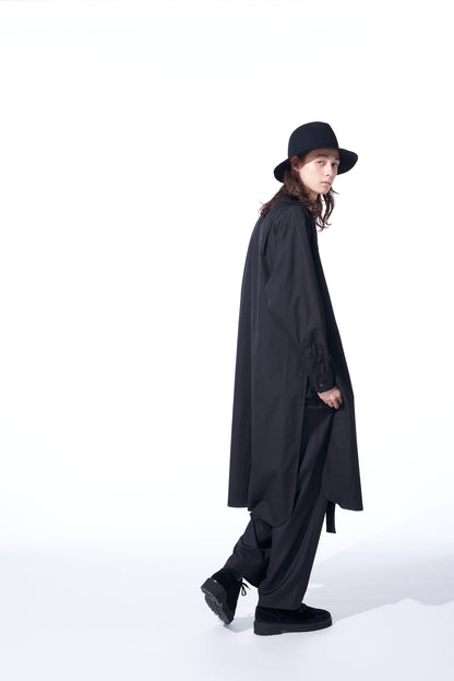 COTTON BROAD CLOTH STAND COLLAR LONG SHIRT WITH ROUNDED HEM