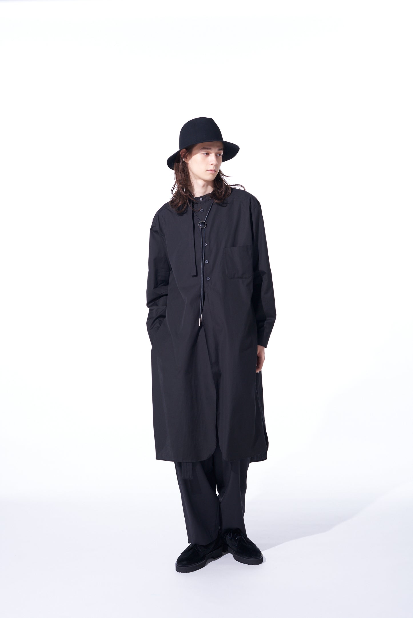 COTTON BROAD CLOTH STAND COLLAR LONG SHIRT WITH ROUNDED HEM