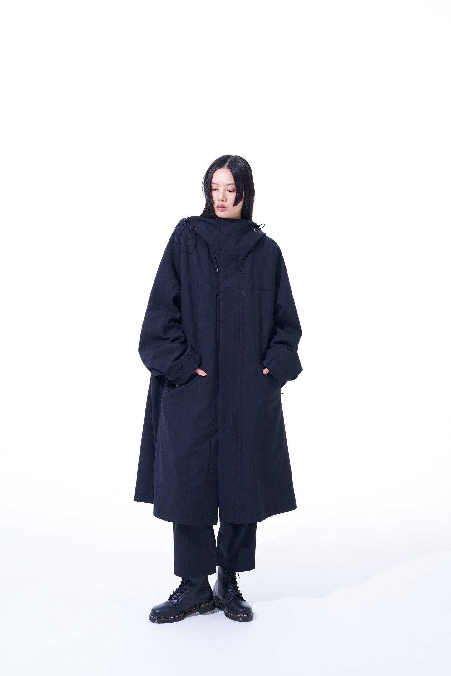 PE/STRETCH TWILL OVERSIZED TECH HOODED COAT WITH FUNCTIONAL LINING