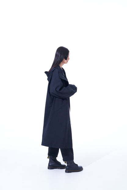 PE/STRETCH TWILL OVERSIZED TECH HOODED COAT WITH FUNCTIONAL LINING