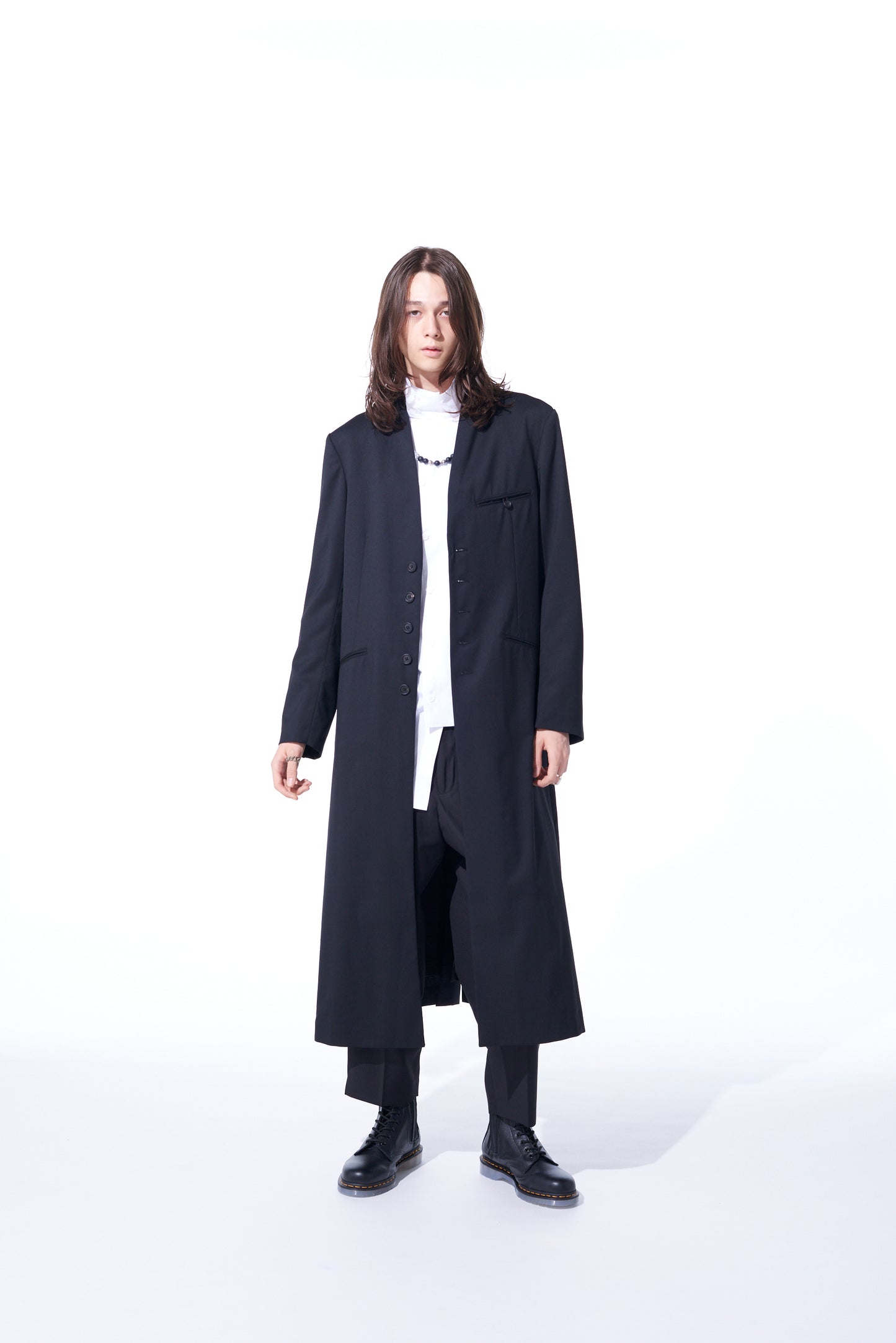 T/W GABARDINE COLLARLESS 5-BUTTON LONG JACKET