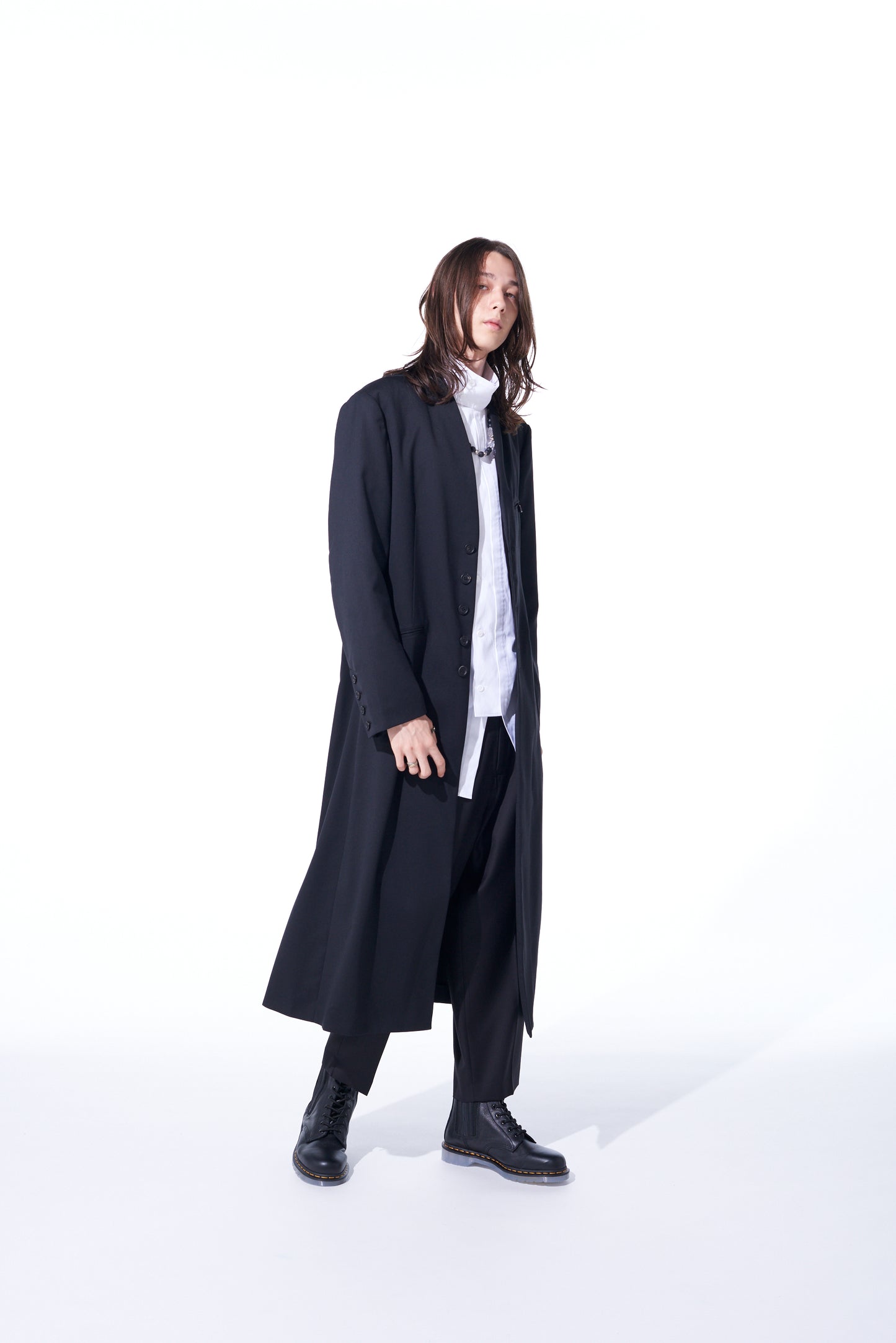 T/W GABARDINE COLLARLESS 5-BUTTON LONG JACKET