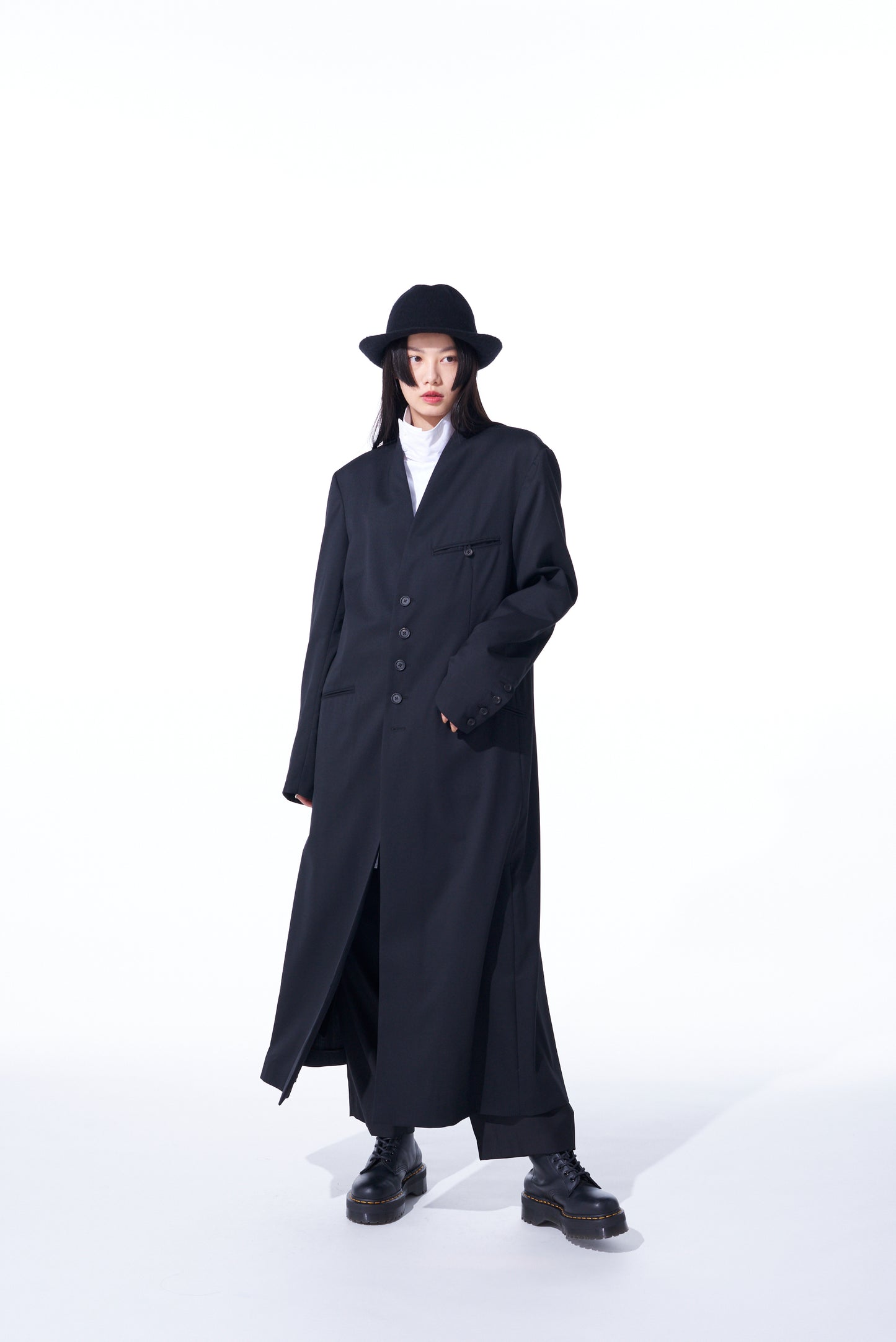 T/W GABARDINE COLLARLESS 5-BUTTON LONG JACKET