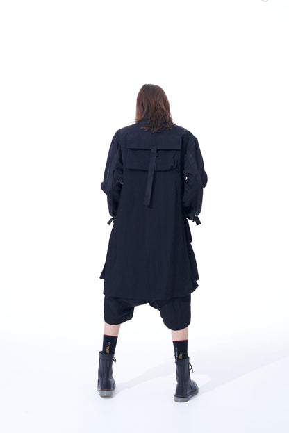 WASHED HIGH-DENSITY NYLON TWILL LONG JACKET WITH MULTIPLE POCKETS