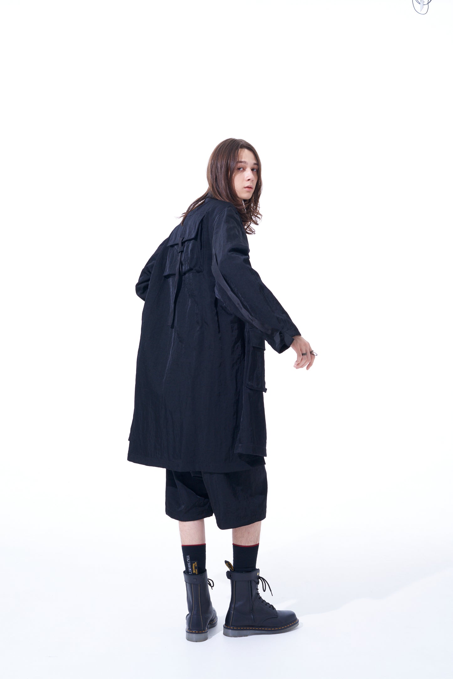 WASHED HIGH-DENSITY NYLON TWILL LONG JACKET WITH MULTIPLE POCKETS