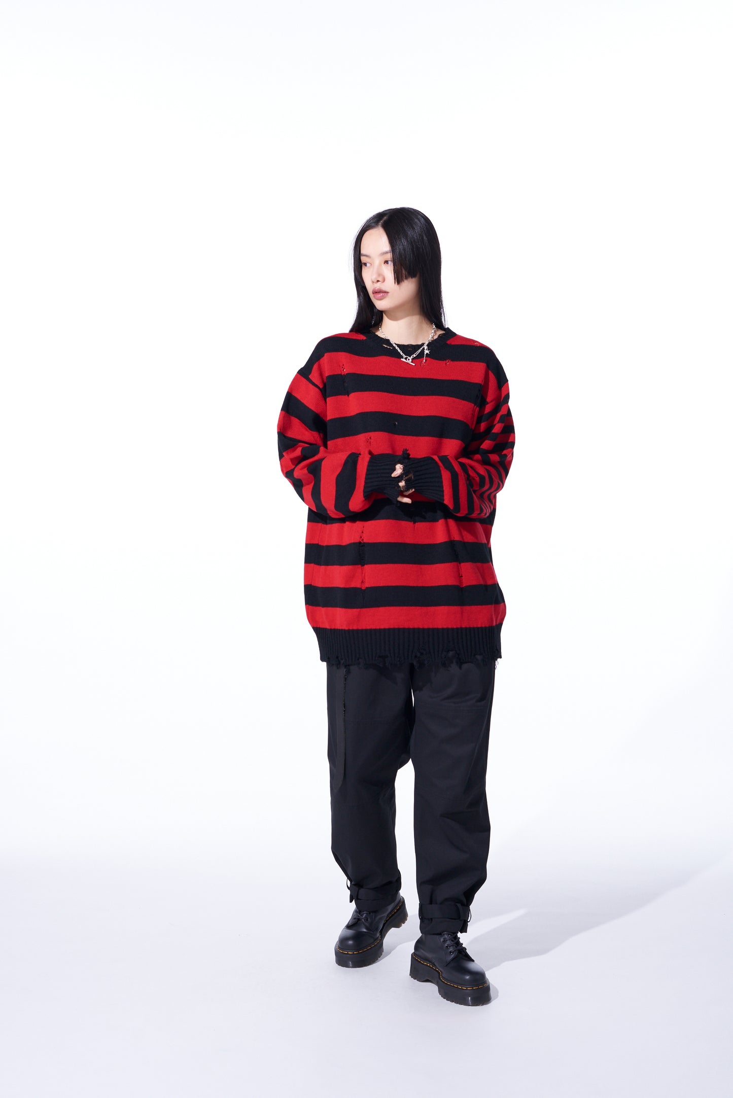 STRIPED PULLOVER KNIT WITH DAMAGED EDGES