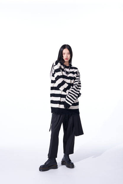 STRIPED PULLOVER KNIT WITH DAMAGED EDGES