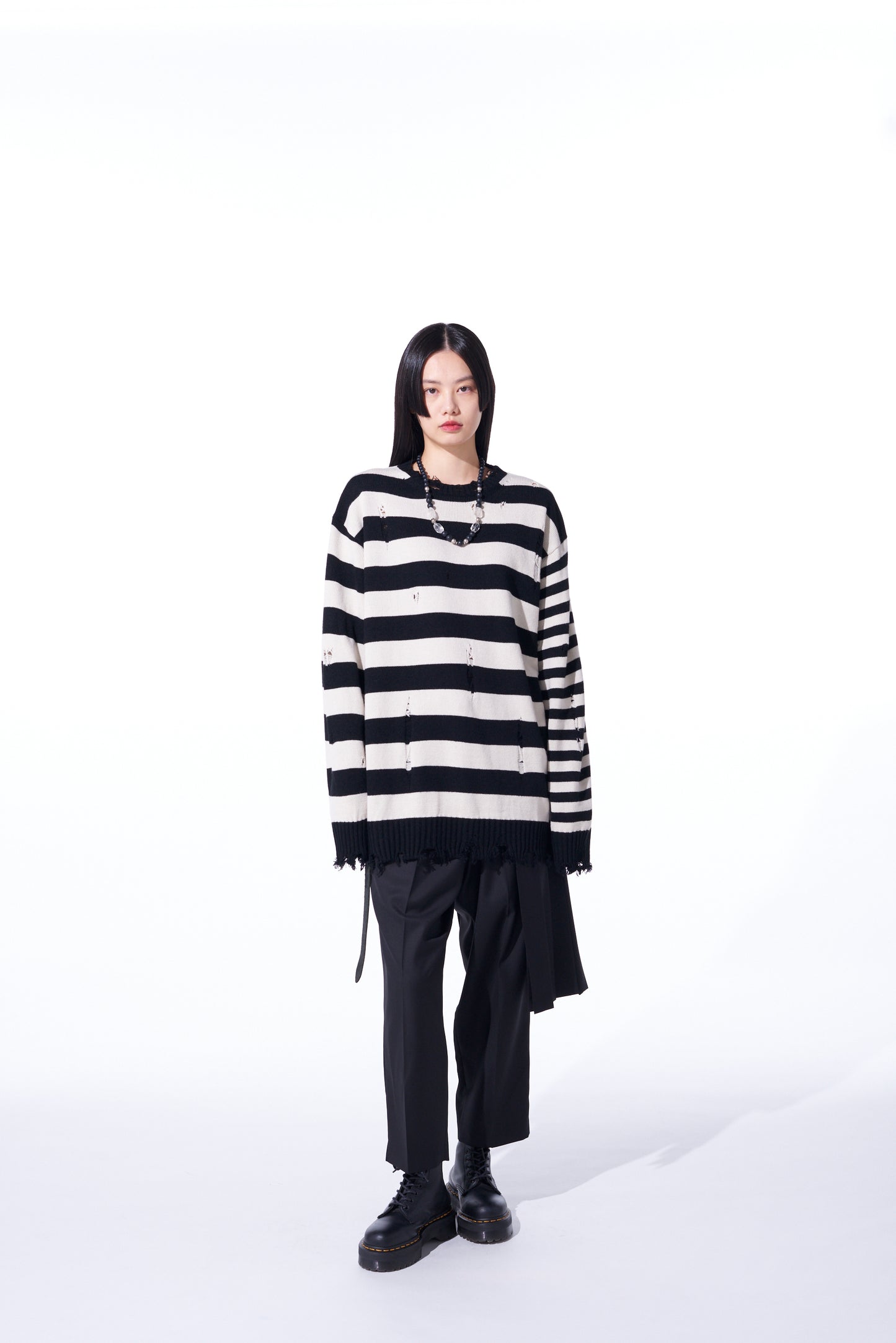 STRIPED PULLOVER KNIT WITH DAMAGED EDGES