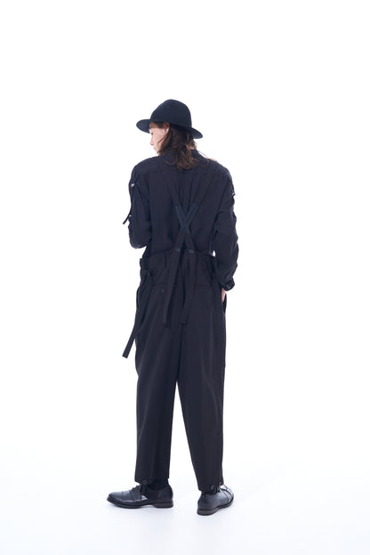 PE/RAYON GABARDINE STRETCH SUSPENDER PANTS WITH HEM BUTTON DETAIL