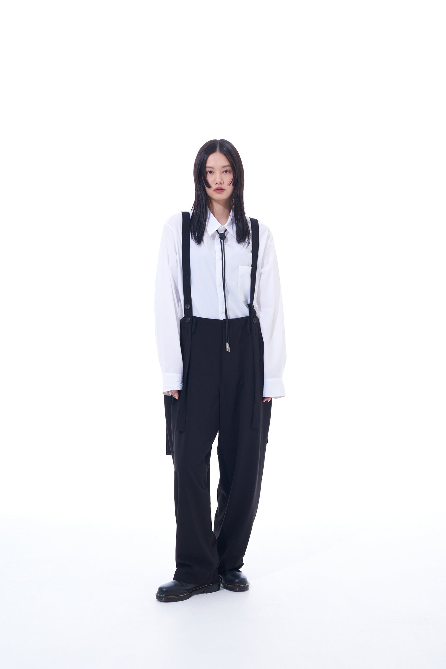 PE/RAYON GABARDINE STRETCH SUSPENDER PANTS WITH HEM BUTTON DETAIL