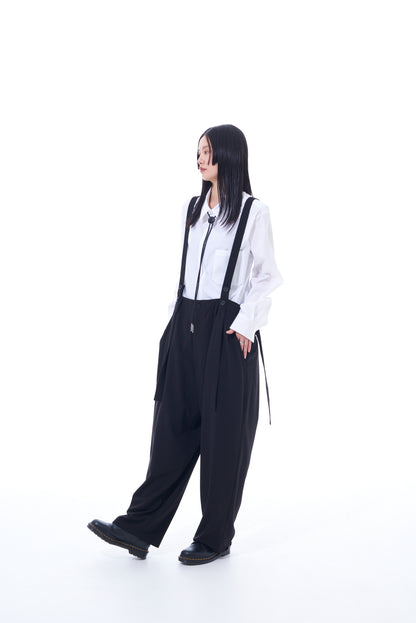 PE/RAYON GABARDINE STRETCH SUSPENDER PANTS WITH HEM BUTTON DETAIL