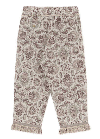 GOBELIN-STYLE JACQUARD 2-TUCK TAPERED PANTS WITH FRINGE HEM DESIGN