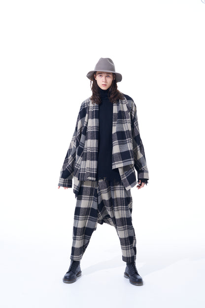 SHRUNKEN CHECK TWILL DOLMAN SLEEVE CARDIGAN WITH STOLE COLLAR