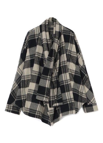 SHRUNKEN CHECK TWILL DOLMAN SLEEVE CARDIGAN WITH STOLE COLLAR