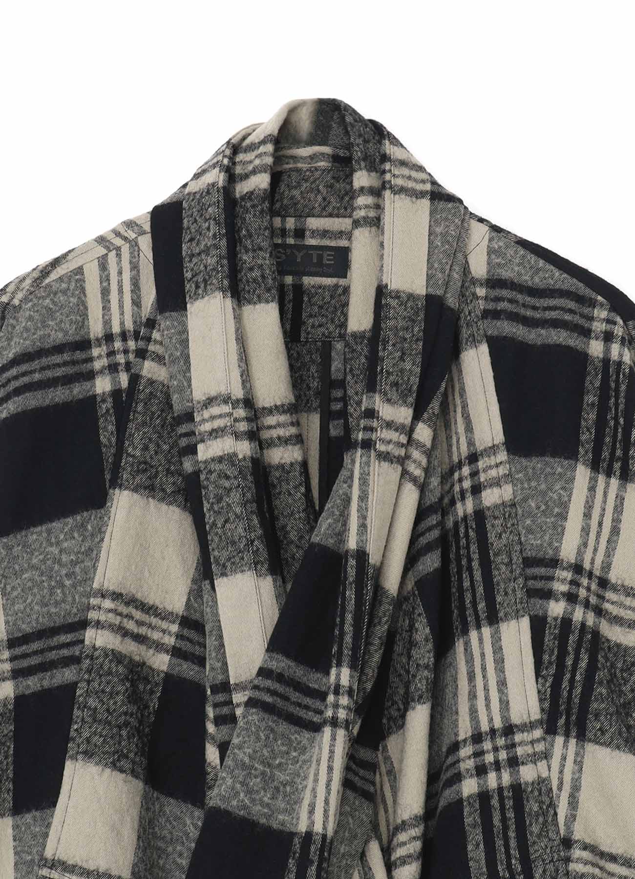 SHRUNKEN CHECK TWILL DOLMAN SLEEVE CARDIGAN WITH STOLE COLLAR