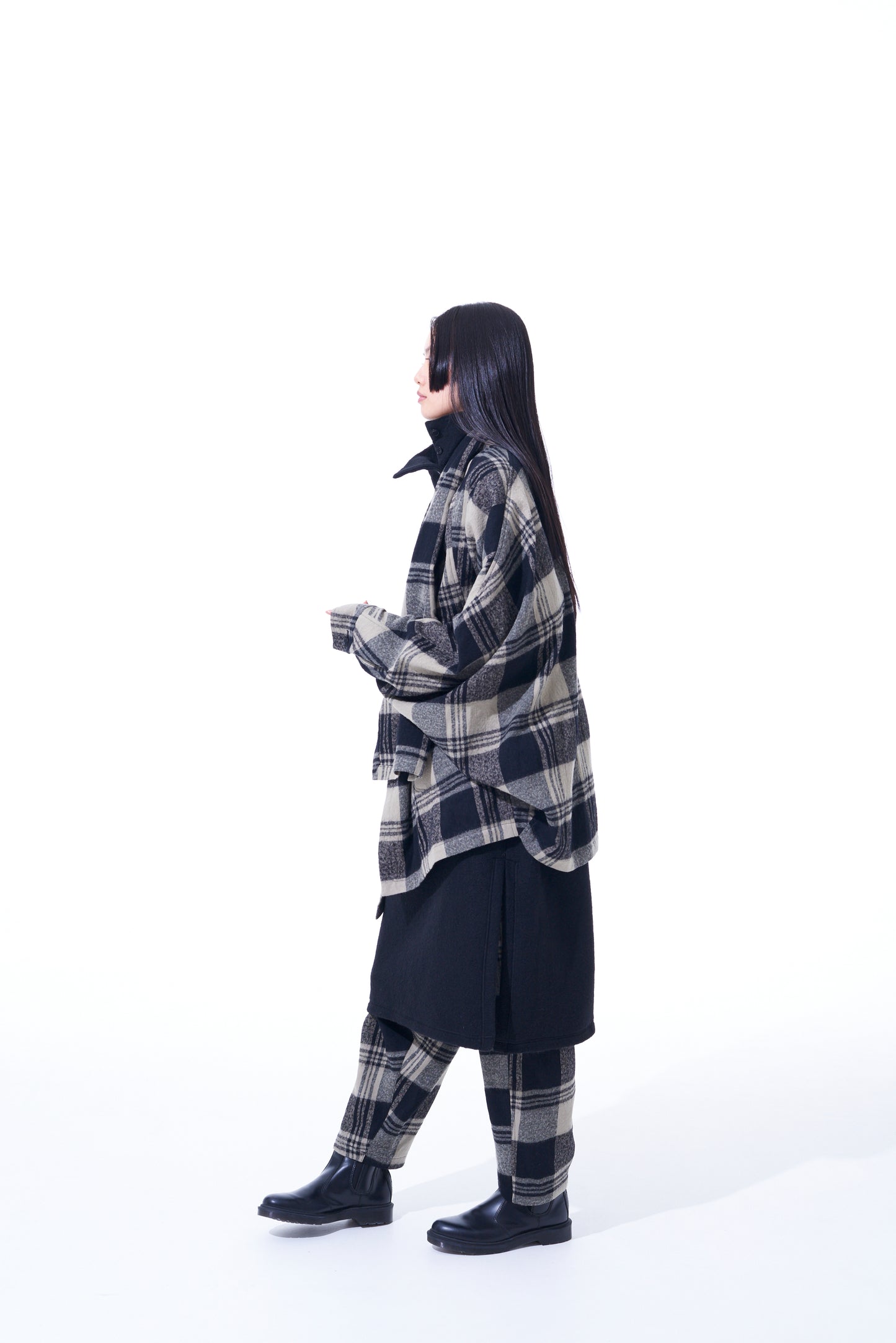 SHRUNKEN CHECK TWILL DOLMAN SLEEVE CARDIGAN WITH STOLE COLLAR