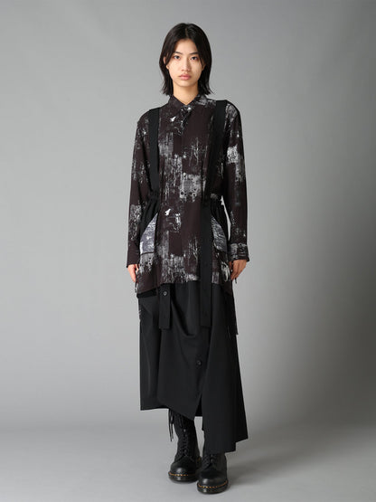 WITHERED BRANCH PRINT RAYON SIDE SLIT SHIRT