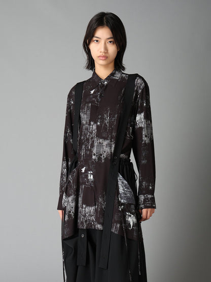 WITHERED BRANCH PRINT RAYON SIDE SLIT SHIRT