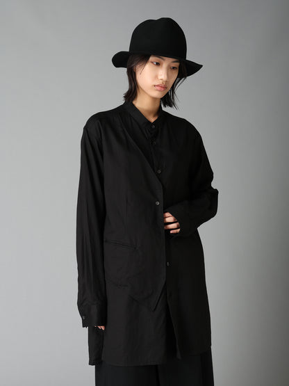 COTTON TWILL VEST-FRONT COLLARLESS SHIRT
