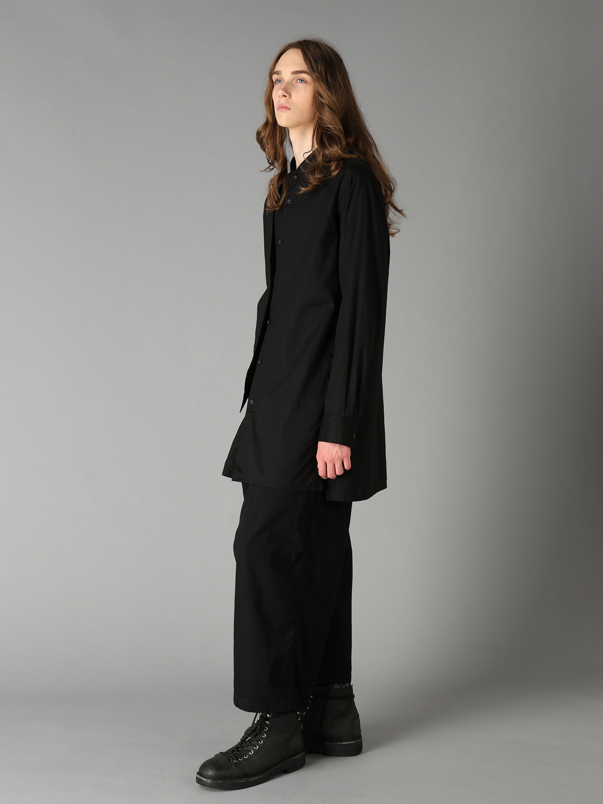 COTTON TWILL VEST-FRONT COLLARLESS SHIRT