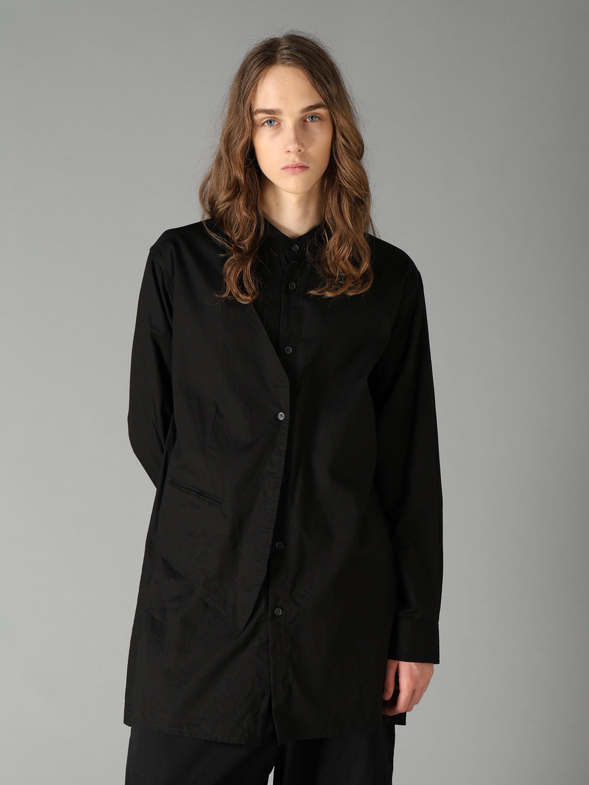 COTTON TWILL VEST-FRONT COLLARLESS SHIRT