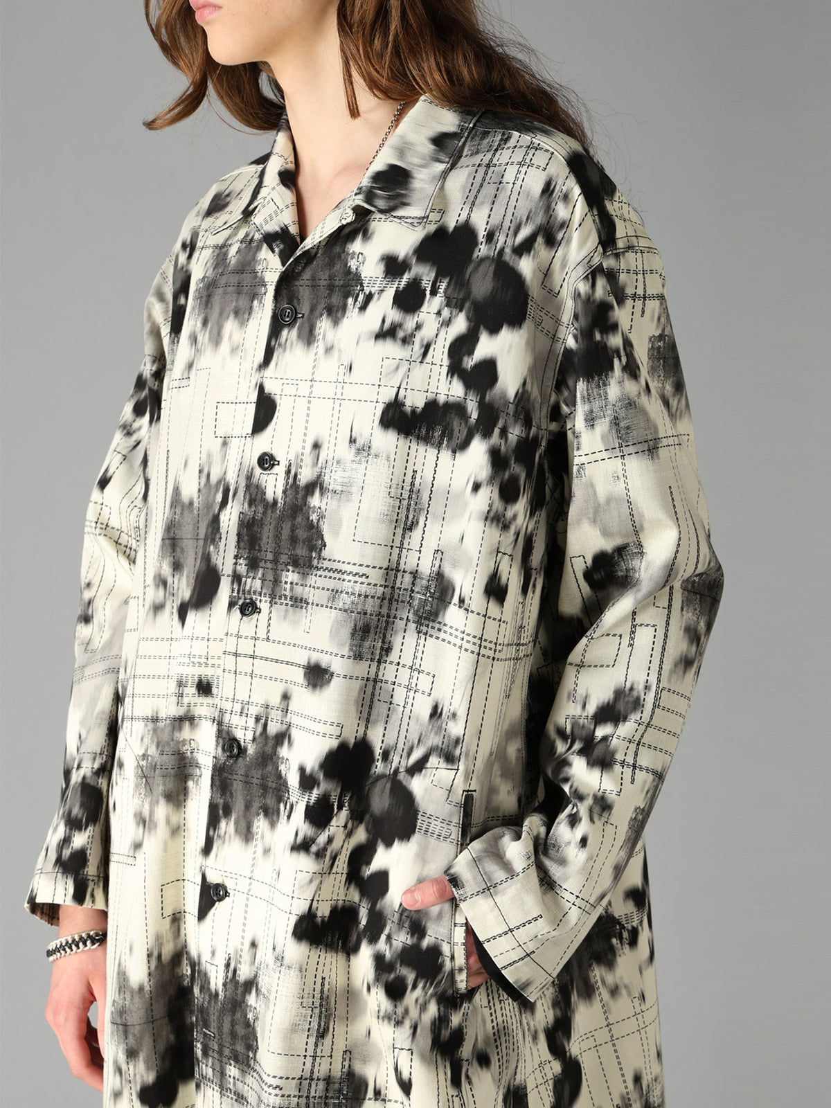 INK-WASH PRINTED LONG SHIRT WITH DECORATIVE STITCH DETAILING