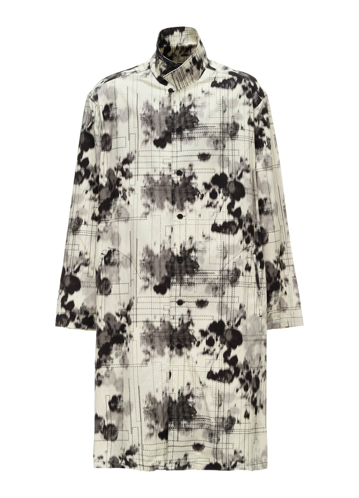 INK-WASH PRINTED LONG SHIRT WITH DECORATIVE STITCH DETAILING