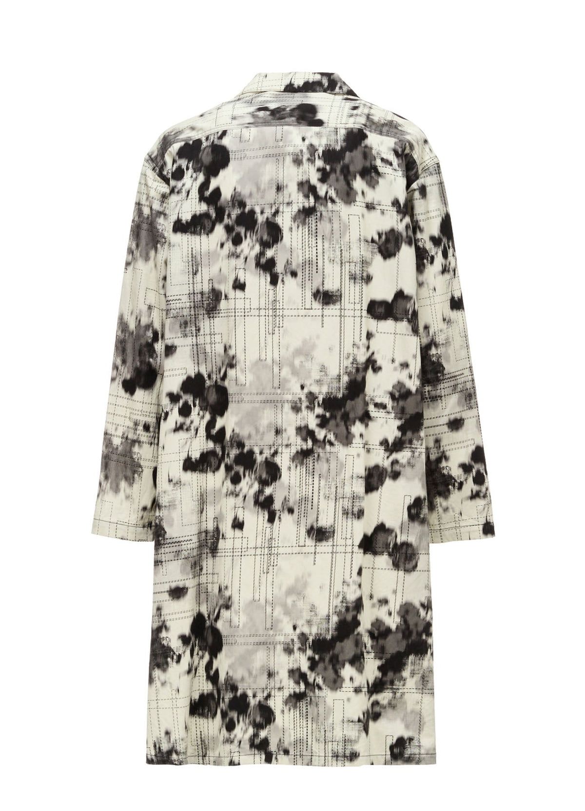 INK-WASH PRINTED LONG SHIRT WITH DECORATIVE STITCH DETAILING