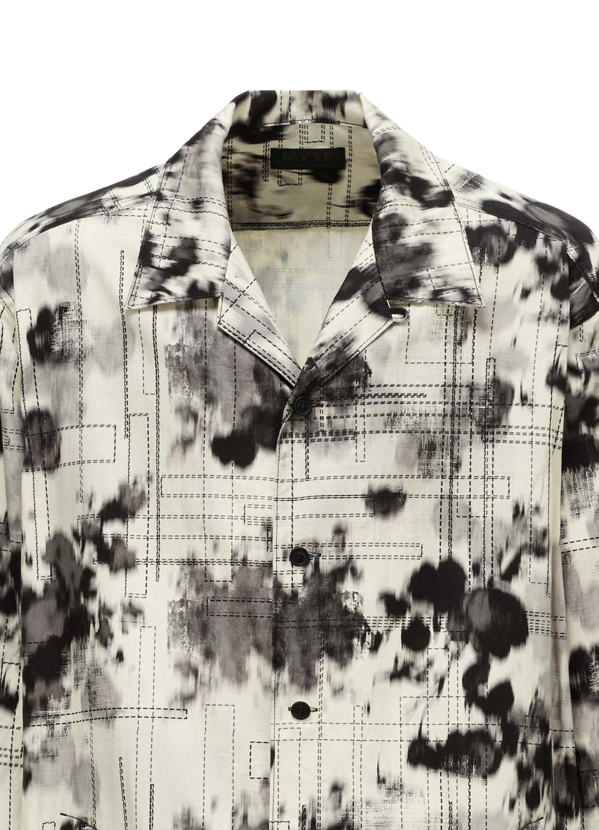 INK-WASH PRINTED LONG SHIRT WITH DECORATIVE STITCH DETAILING