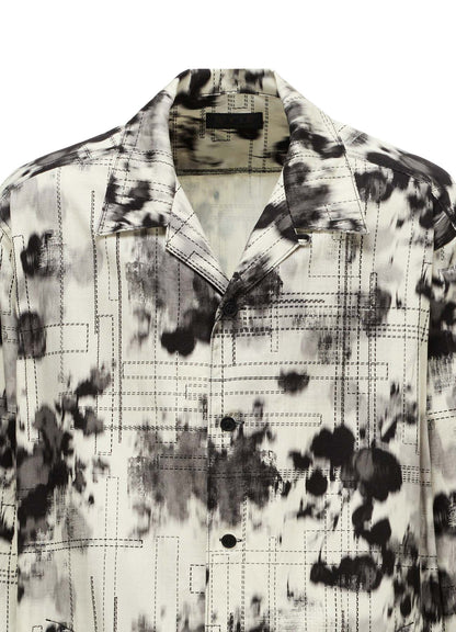 INK-WASH PRINTED LONG SHIRT WITH DECORATIVE STITCH DETAILING