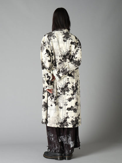 INK-WASH PRINTED LONG SHIRT WITH DECORATIVE STITCH DETAILING